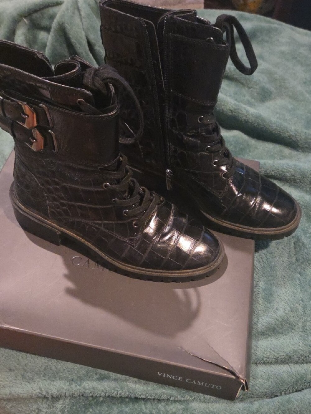 Vince Camuto Black Croc-Embossed Lace-Up Ankle Boots